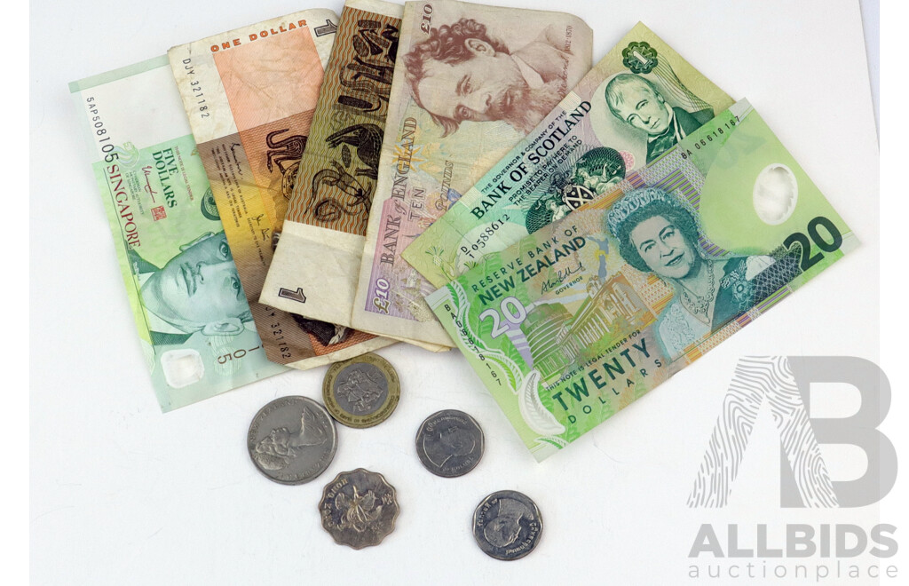 Collection of Foreign Bank Notes and Coins Including Australia, Singapore, England and More
