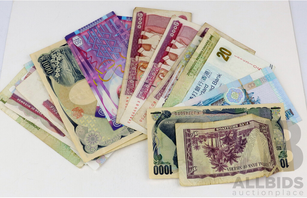 Collection of Foreign Bank Notes and Coins Including Myanmar Hong Kong, Vietnam, Japan and More