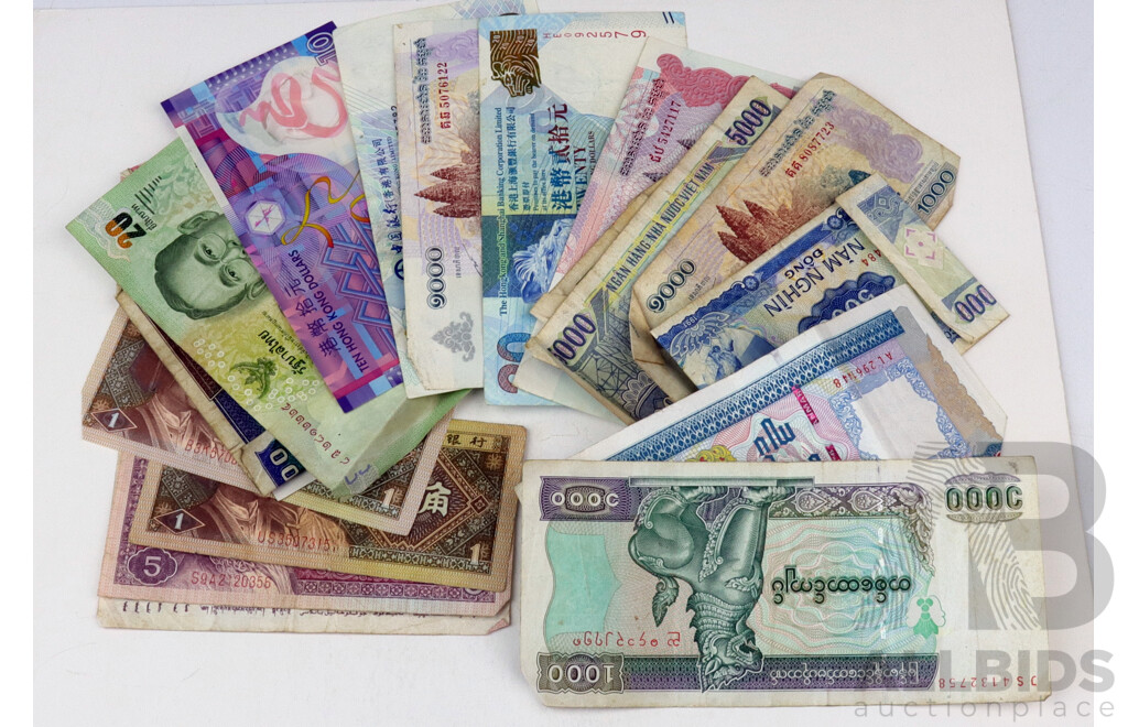 Collection of Paper Bank Notes Hong Kong, Vietnam, Thailand, Myanmar and More