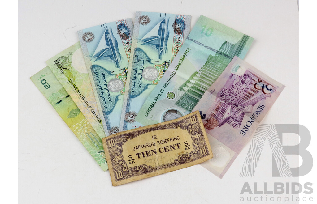 Collection of of Paper and Polmer Bank Notes From Thailand, United Arab Emirates and Singapore