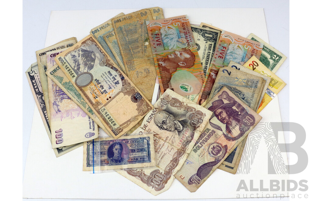 Collection of Foreign Currency Notes Including USA, Brazil, Bolivia and More