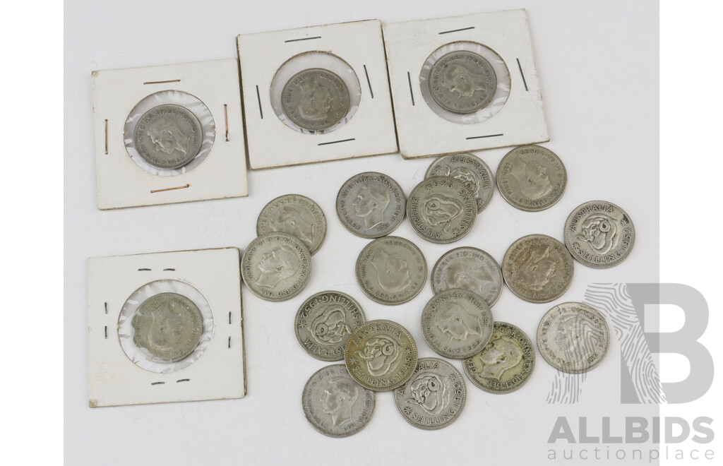 Australian KGVI Shillings Including 1946, 1948, 1950, 1952 .500 Silver(21)