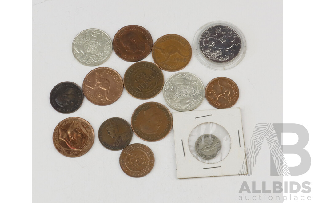 Collection of Australian Coins Including Pennies, 2019 Commemorative and 1966 Round Fifty Cent Coins and More