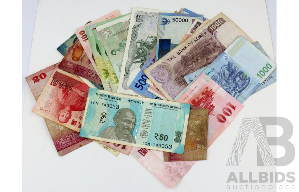 Collection of Foreign Bank Notes Including India, Korea, Indonesia and More