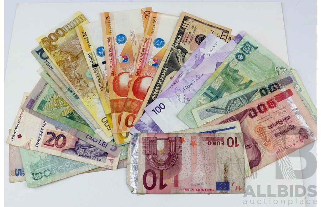 Collection of Foreign Bank Notes Including China, Thailand, Singapore, USA and More
