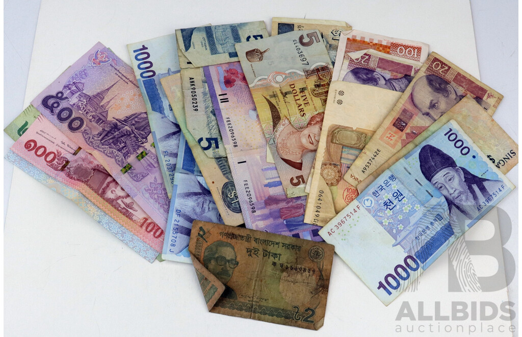 Collection of Foreign Bank Notes Including Canada, Singapore, Thailand, Fiji  and More