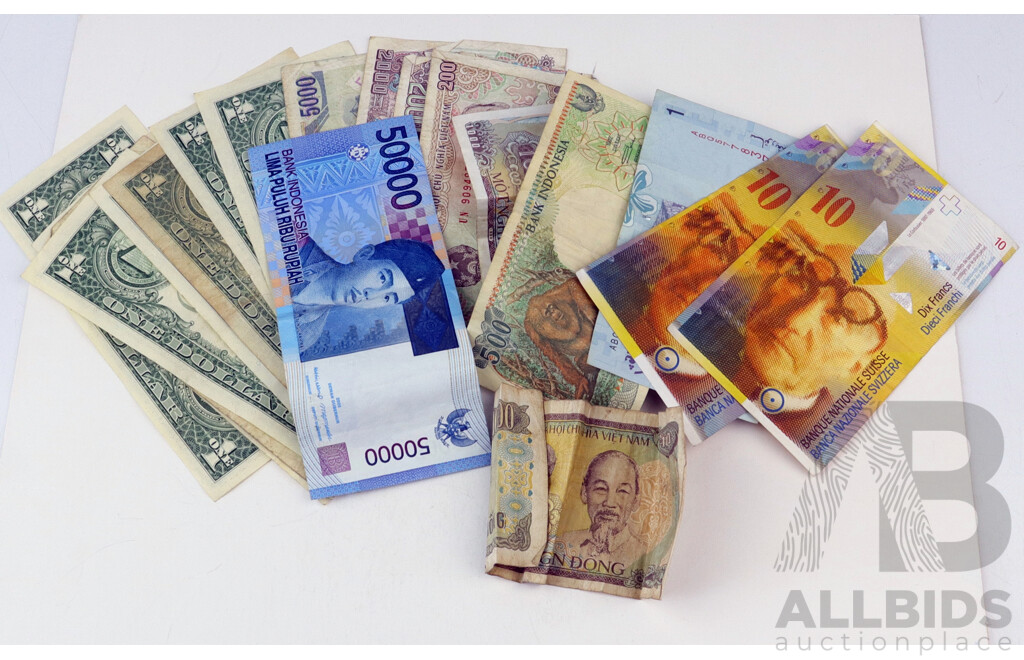 Collection of Foreign Bank Notes Including USA, Indonesia, Switzerland and More