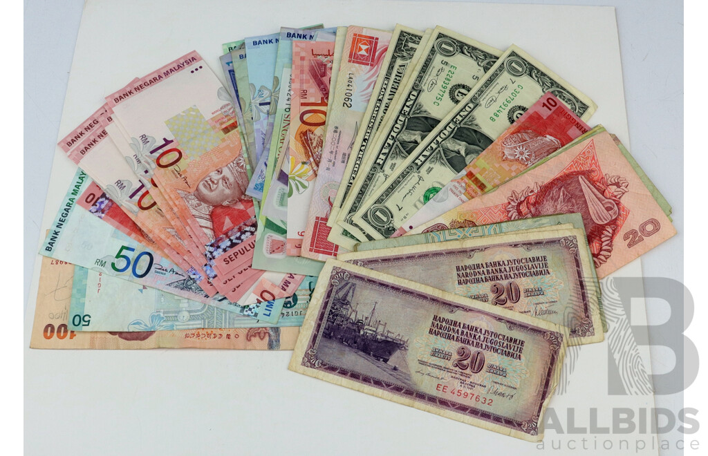 Collection of Foreign Bank Notes Including USA, Hong Kong, Malasia, Singapore and More