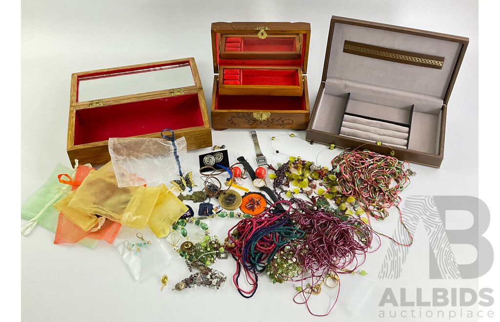 Large Collection of Costume Jewellery Including Necklaces, Earrings Watches and Jewellery Boxes
