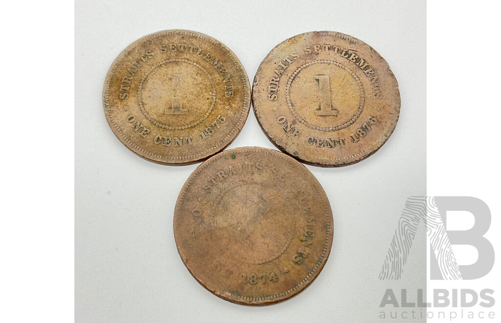 India/Straits Settlements 1874, 1875, 1876,  One Cent Coins