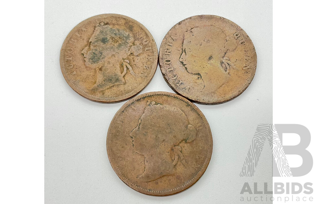 India/Straits Settlements 1874, 1875, 1876,  One Cent Coins