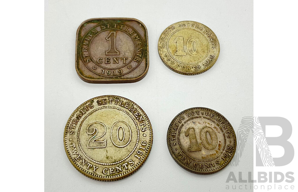 India/Straits Settlements 1910, 1916, 1919 One, Ten and Twenty Cent Coins