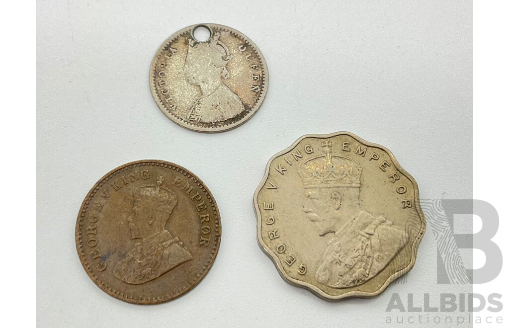 India 1914 One and One Twelfth Anna Coins and Queen Victoria Coin