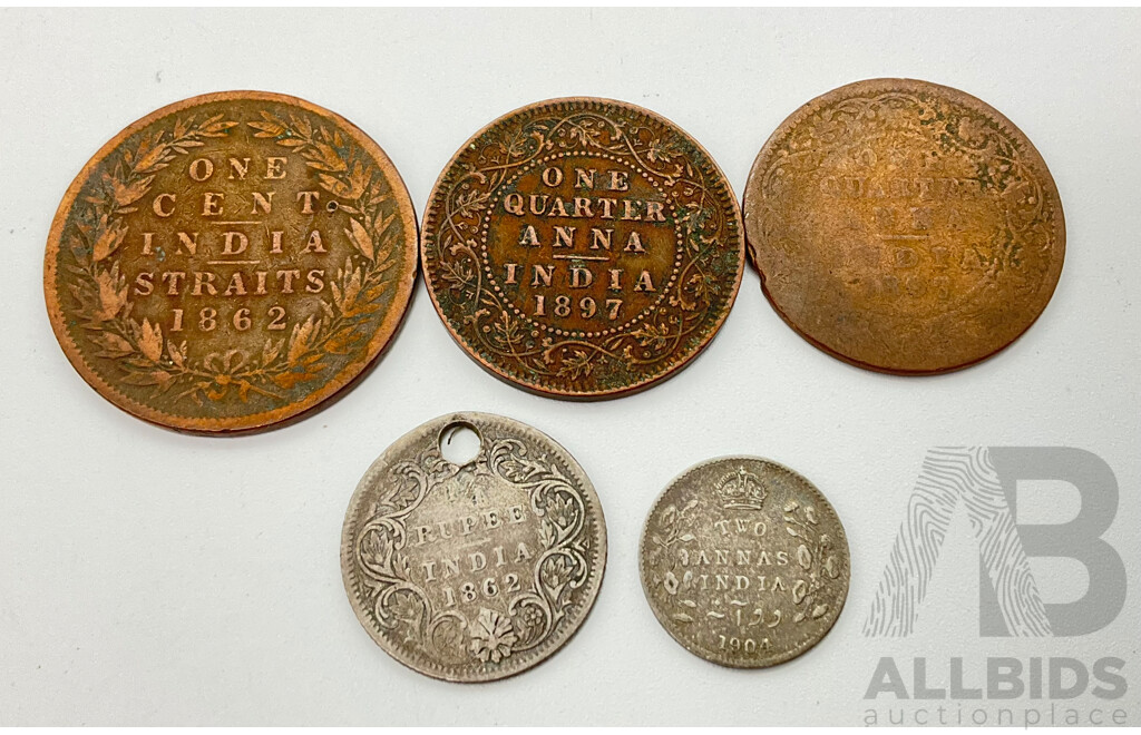 Antique India/Straits Coins 1897 1/4 Anna(2) 1862 1/4 Rupee, 1904 Two Annas and 1862 One Cent