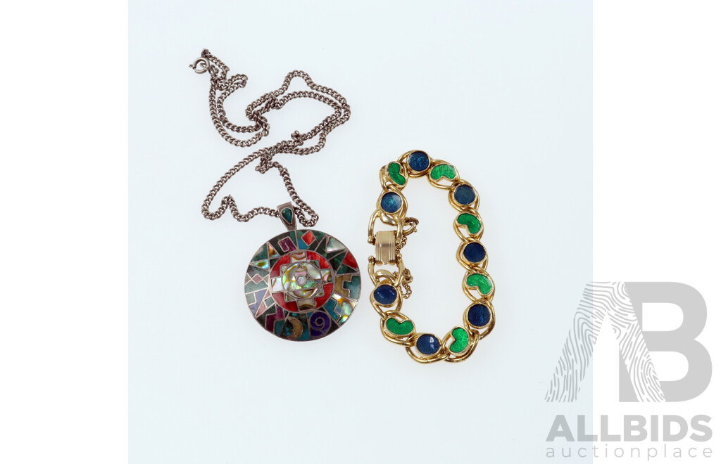 Sterling Silver Inlaid Medallion Pendant, 38mm Diameter and 50cm Curb Link Chain, Hallmarked 950 & 835 & Vintage Florenza Enamel Bracelet