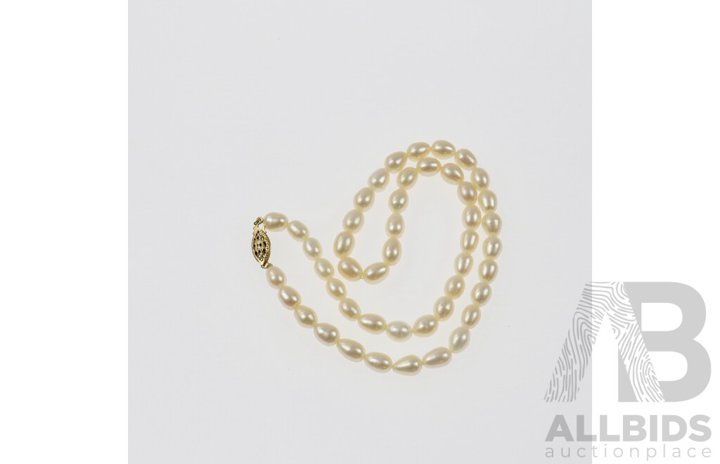 Freshwater Cultured Pearl Necklace 40cm with Gold Plated Clasp, Elongated Shaped with Lovely Lustre 8.5mm