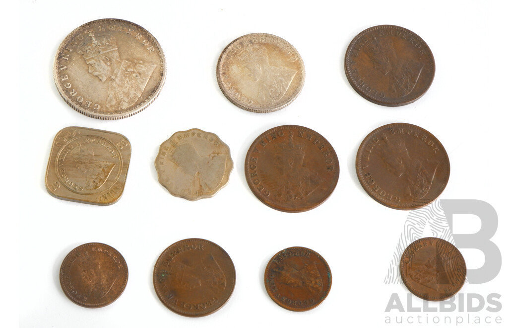 India KGV Coins Including 1916 Rupee, 1919 One Anna and 1/4 Anna, 1920, 1929, 1931 1/12 Anna, 1923 1/2 Pice, 1920 1935 1/4 Anna, 1936 Two Annas, 1936 1/2 Rupee (11)