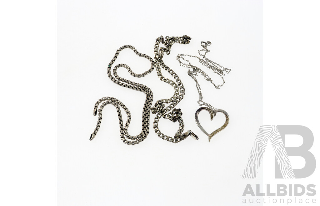 Sterling Silver (2) Mens Chains and Sterling Silver Heart Pendant on Chain