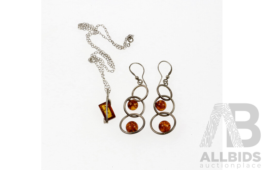 Vintage Natural Amber Sterling Silver Earrings and Pendant with Chain, Darker Honey Colour
