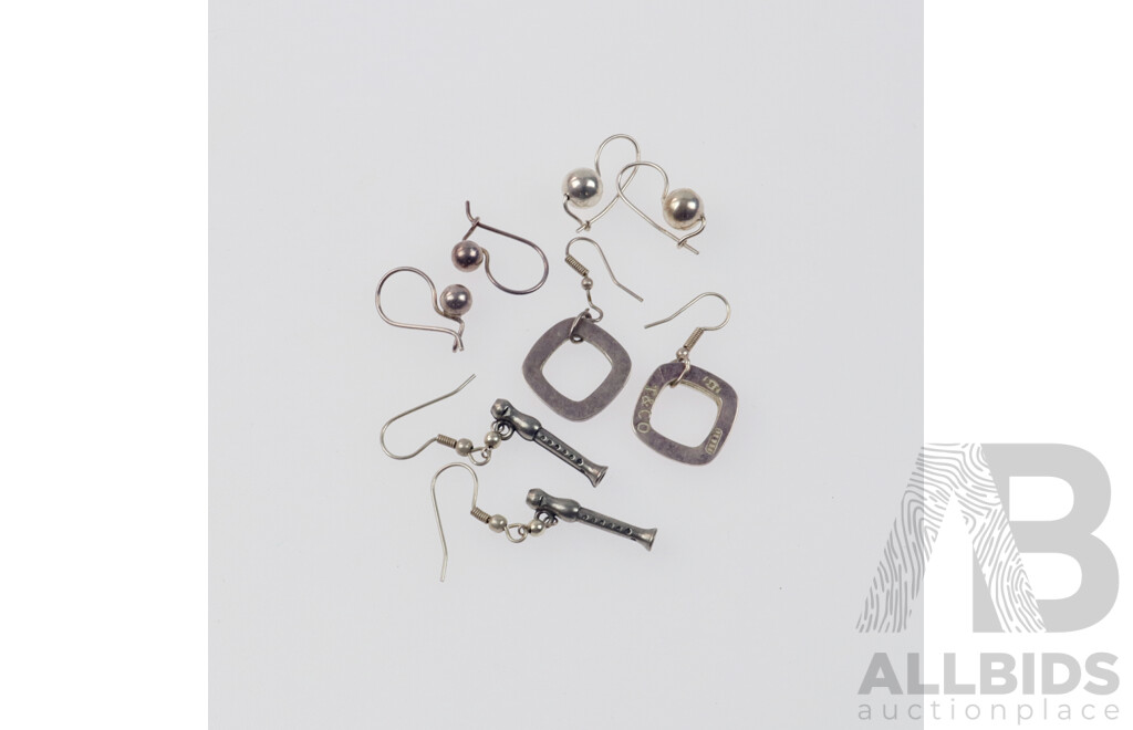 Vintage Sterling Silver (4) Pairs of Earrings on Shepherds Hooks, All Hallmarked 925