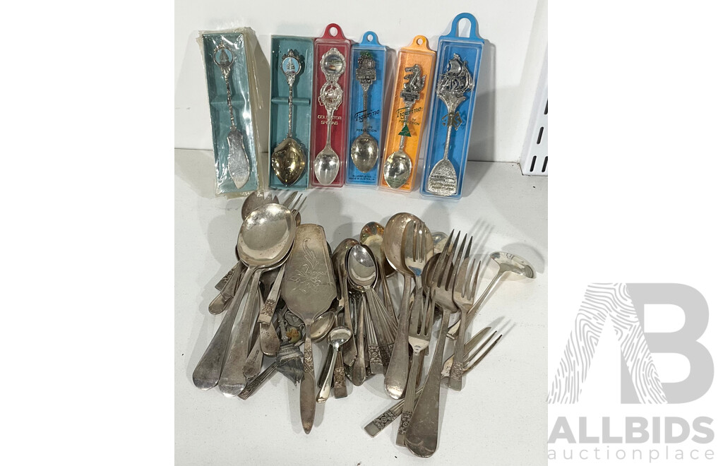 Collection of Vintage Commemorative Spoons and Silver Plated Forks and Spoons