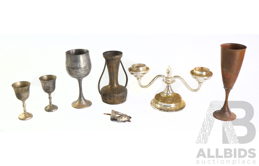 Collection of Vintage Copper, Pewter and Plated Goblets and Candle Holder