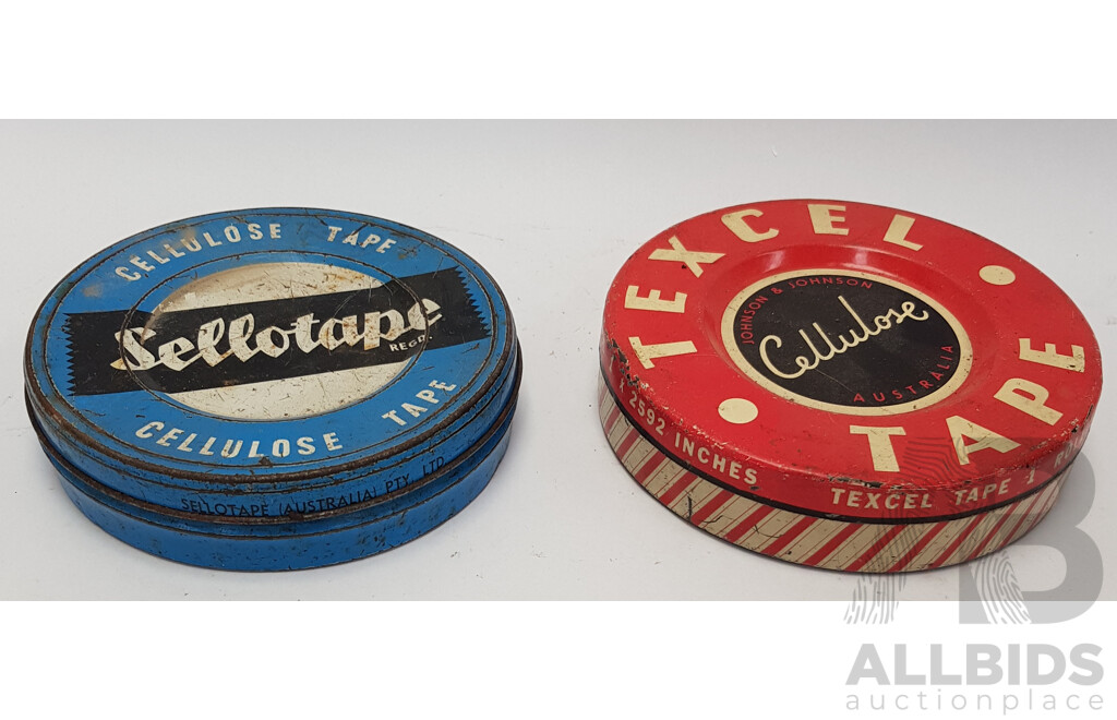 Sellotape and Johnson & Johnson Texcel Cellulose Tape Tin Containers - Lot of 2