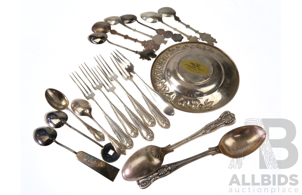 Collection of Silver and Silver Plated Teaspoons and Cake Forks, Including Pair of Kings Pattern Teaspoons