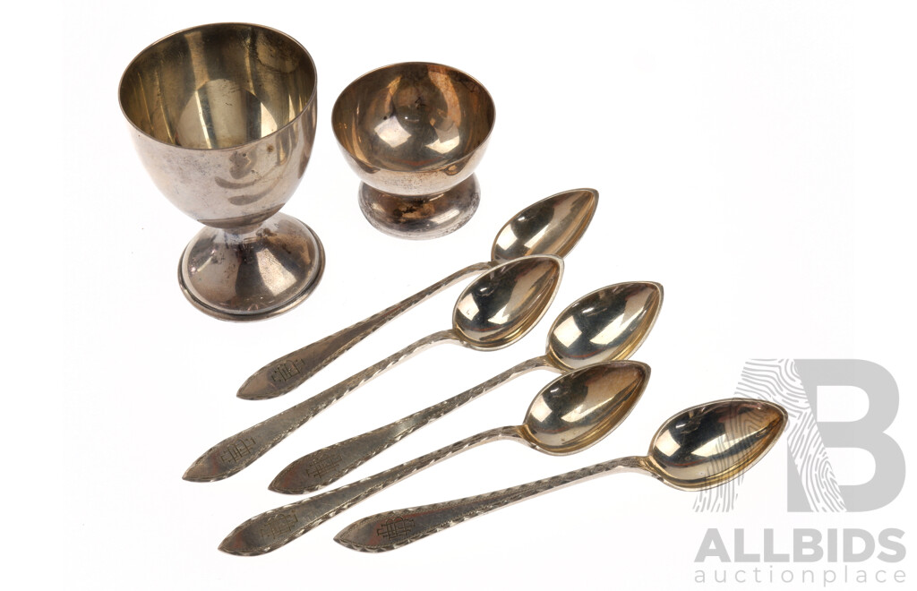 Australian Sterling Silver Eggcup, Mexican Sterling Silver Miniature Bowl and Set Five .830 Silver Teaspoons