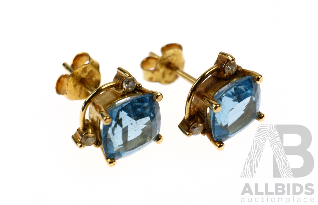 18ct Yellow Gold Stud Earrings with Cushion Cut Blue Topaz and Two RBC Diamonds, 3.8g