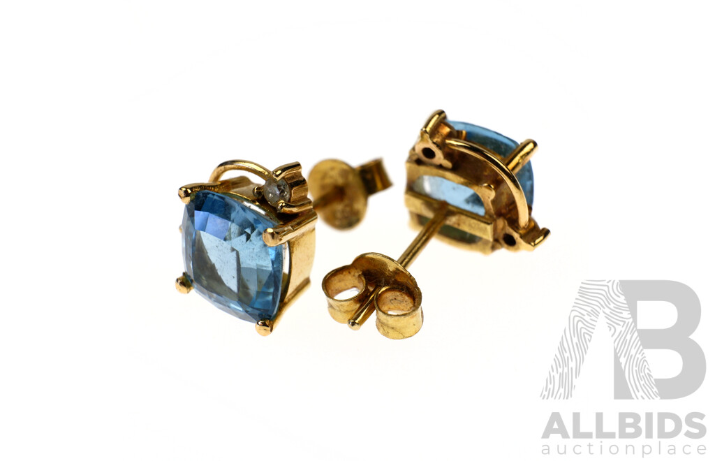 18ct Yellow Gold Stud Earrings with Cushion Cut Blue Topaz and Two RBC Diamonds, 3.8g