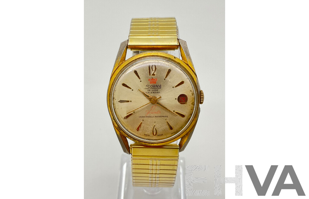 Vintage Sorna De Luxe Calendar Wrist Watch, Seventeen Jewels, Swiss Made