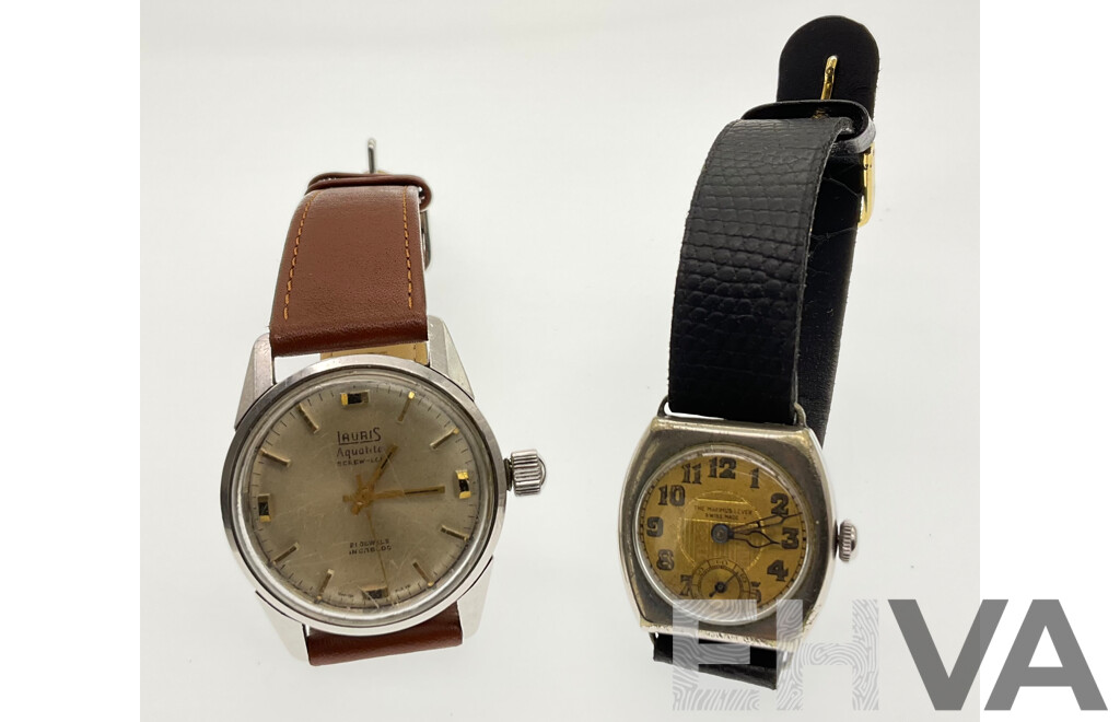 Vintage Wrist Watches, Lauris Aqualite Screw Lock, Twenty One Jewels and the Maximus Lever with Seconds Dial, Both Swiss Made