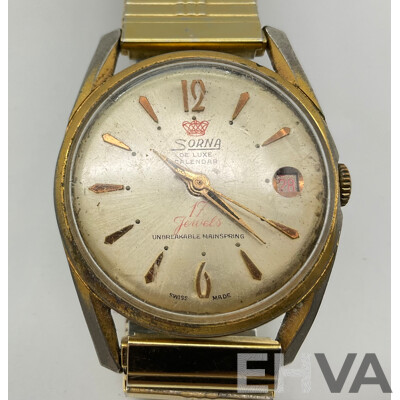 Vintage Sorna De Luxe Calendar Wrist Watch, Seventeen Jewels, Swiss Made