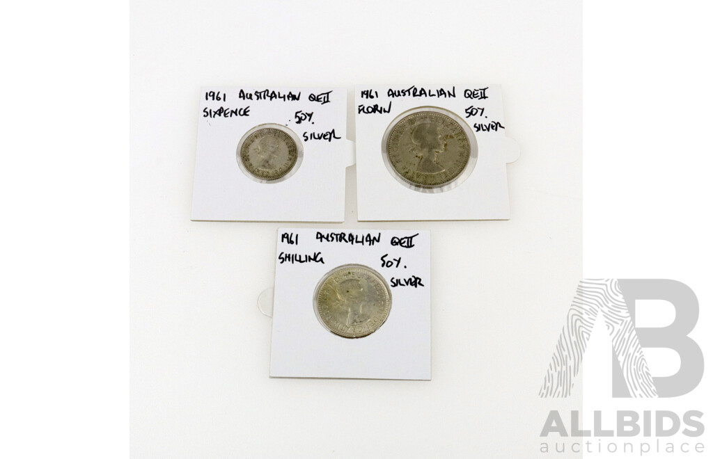 Australian 1961 Florin, Shilling, Sixpence Coins .500 Silver