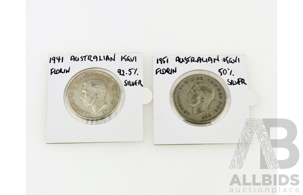 Australian 1941 and 1951 Florins .925 and .500 Silver