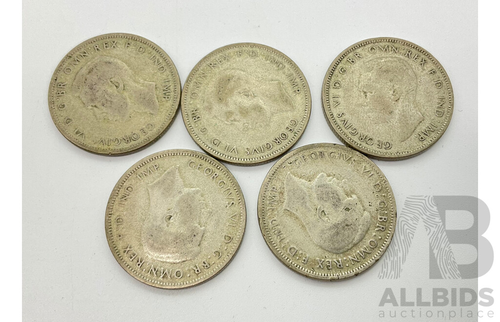Five Australian Florins 1947 .500 Silver