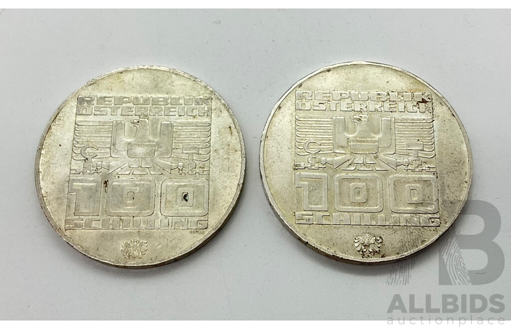 Austrian 1976 100 Schilling Winter Olympics Coins .640 Silver (2)