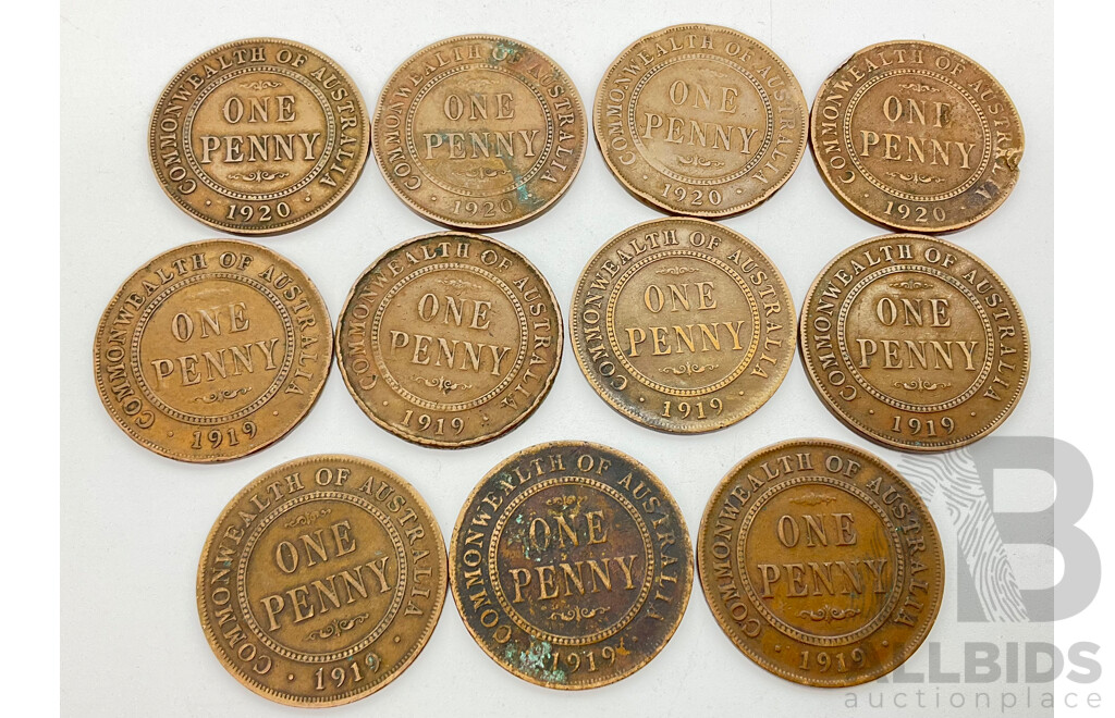 Australian KGV Pennies 1919 (Four with Dot Below Scroll) and 1920 (11)