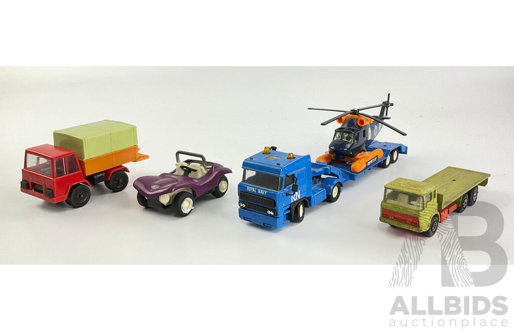 Vintage Matchbox Super Kings DAF Truck and Navy Truck/Helicopter, Jean Cargo Truck and Tonka Dune Buggy with Original Underside Sticker