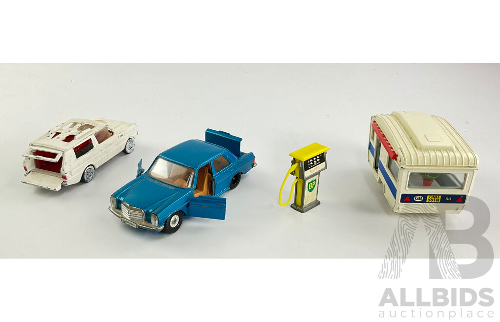 Vintage Corgi Land Rover, Mercedes Benz, Caravan and Petrol Bowser