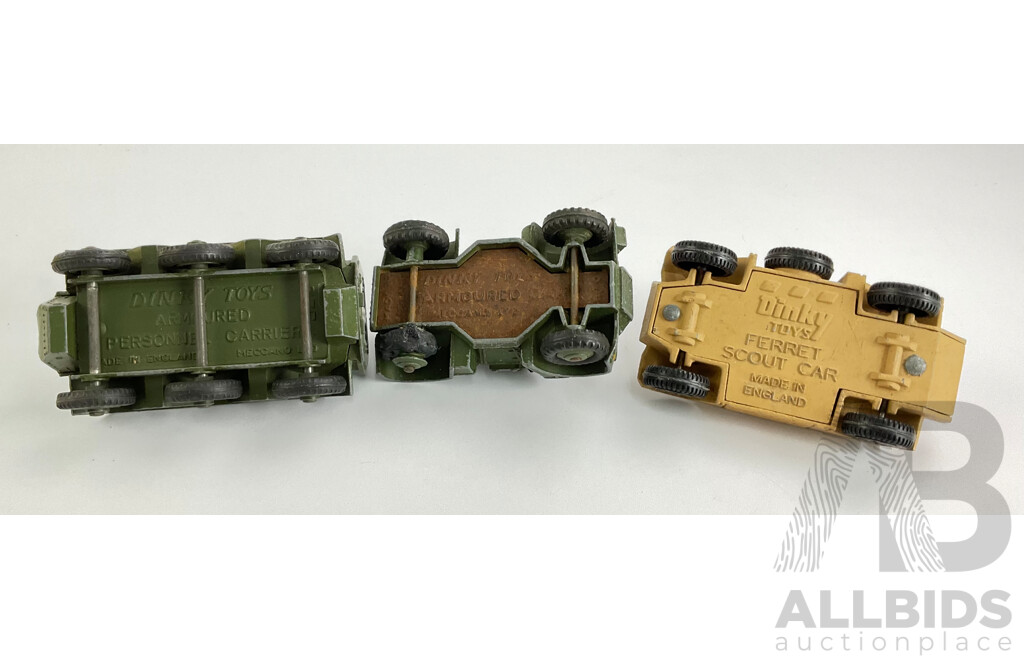 Vintage Diecast Dinky Toys Army Vehicles Including Ferret Scout Car Armoured Car, Personnel Carrier, Made in England