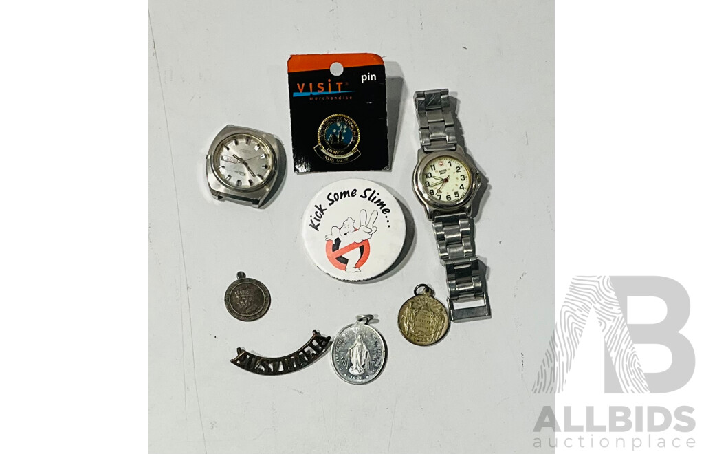 Collection of Vintage Medallions & Badges with Vintage Felicia and Swiss Army Watches