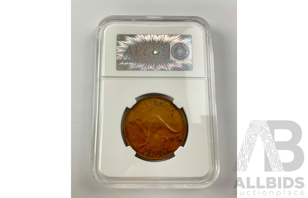 Australian 1945Y One Penny - Die Crack, APCGS Graded F12