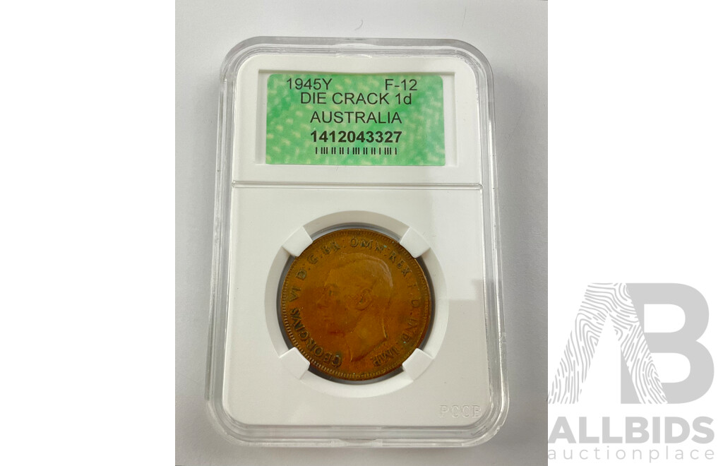 Australian 1945Y One Penny - Die Crack, APCGS Graded F12