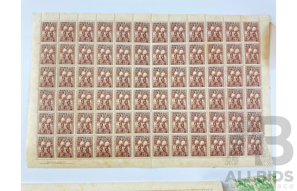 1950's Papua New Guinea Pre Decimal Stamp Sheets and Blocks Including One Penny Buka Headdress and Half Penny Tree Climbing Kangaroo