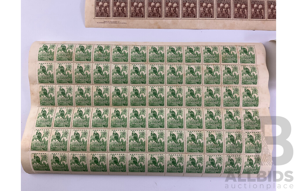 1950's Papua New Guinea Pre Decimal Stamp Sheets and Blocks Including One Penny Buka Headdress and Half Penny Tree Climbing Kangaroo