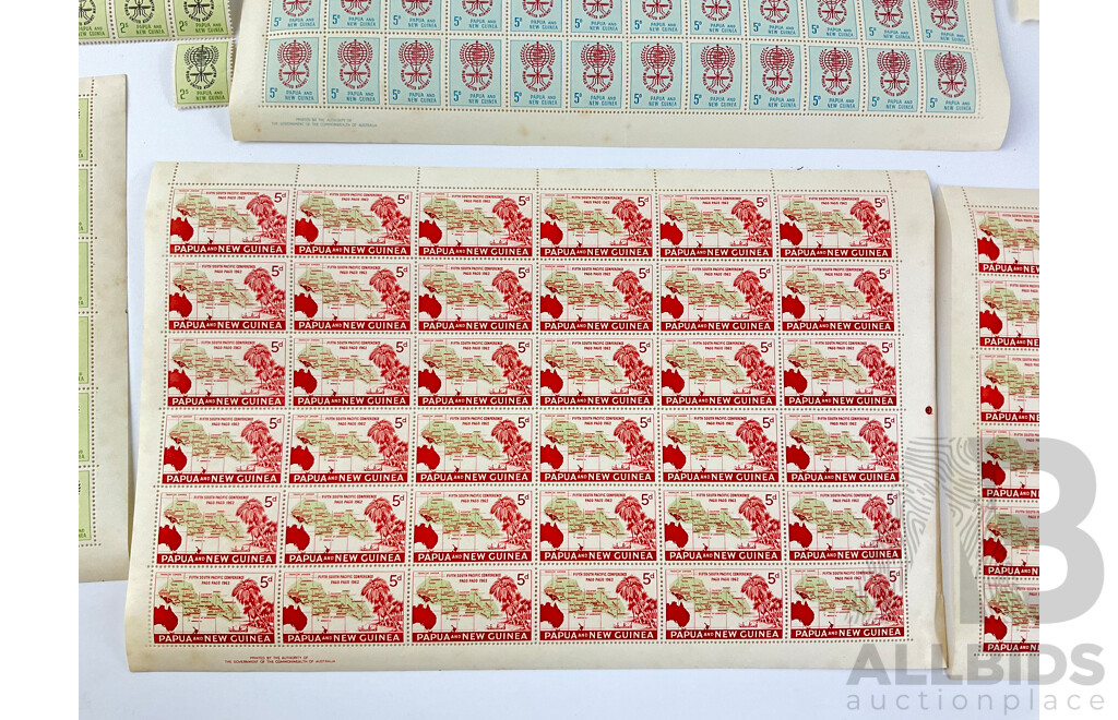 1960's Papua New Guinea Pre Decimal Stamp Sheets and Blocks Including Five Pence 1962 South Pacific Conference, Five Pence and Two Shilling World United Against Malaria