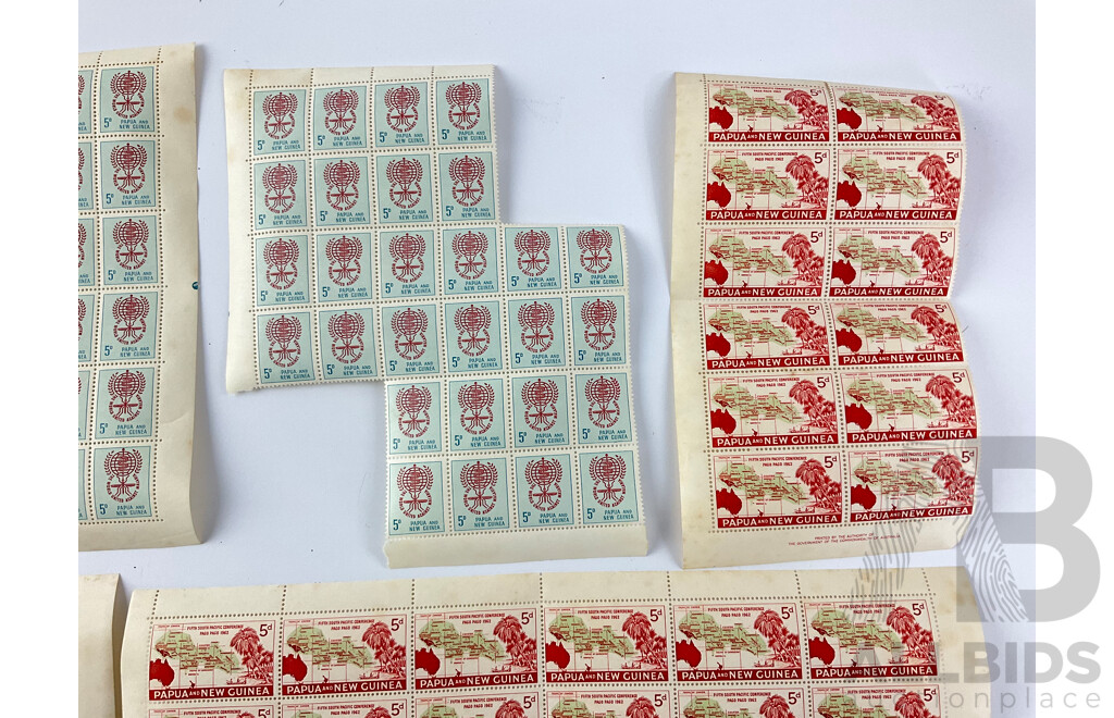 1960's Papua New Guinea Pre Decimal Stamp Sheets and Blocks Including Five Pence 1962 South Pacific Conference, Five Pence and Two Shilling World United Against Malaria