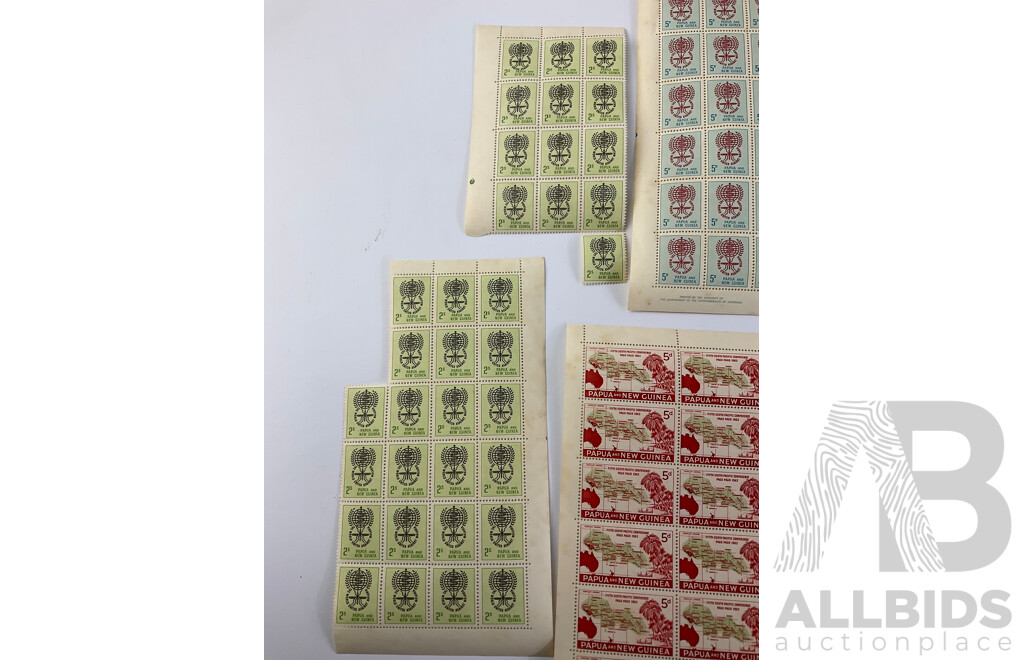 1960's Papua New Guinea Pre Decimal Stamp Sheets and Blocks Including Five Pence 1962 South Pacific Conference, Five Pence and Two Shilling World United Against Malaria